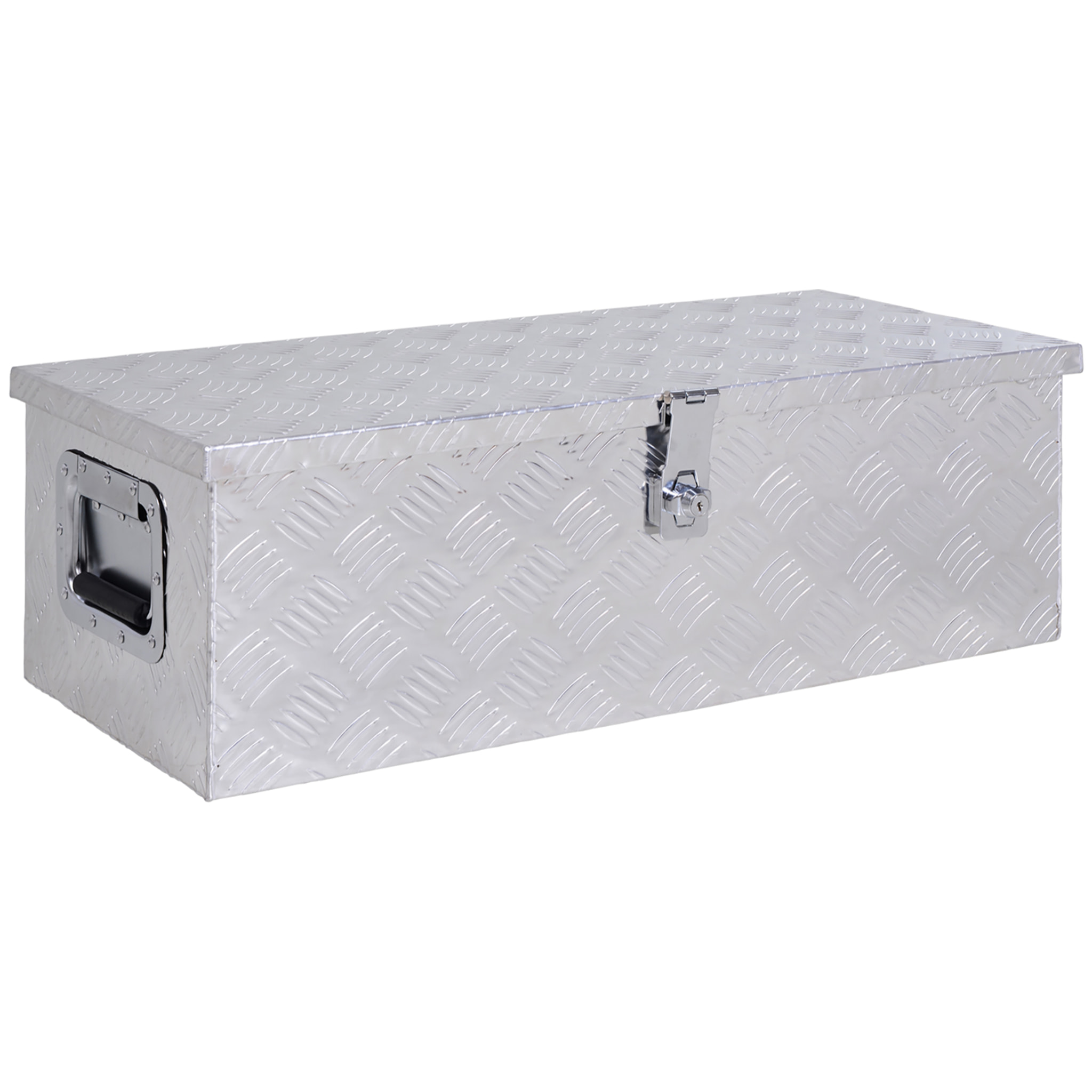Caja de Herramientas de Aluminio con Tapa Abatible Asas Retráctiles Laterales Gran Compartimento y Cierre con Llave Maletín de Herramientas Portátil para Almacén Maletero 76x33x25 cm Plata