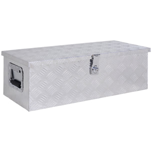 Caja de Herramientas de Aluminio con Tapa Abatible Asas Retráctiles Laterales Gran Compartimento y Cierre con Llave Maletín de Herramientas Portátil para Almacén Maletero 76x33x25 cm Plata
