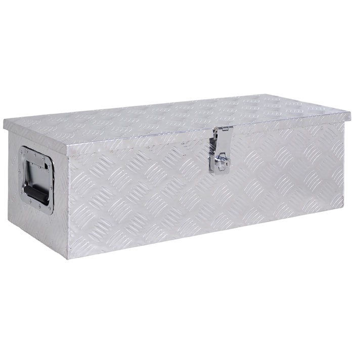 Caja de Herramientas de Aluminio con Tapa Abatible Asas Retráctiles Laterales Gran Compartimento y Cierre con Llave Maletín de Herramientas Portátil para Almacén Maletero 76x33x25 cm Plata