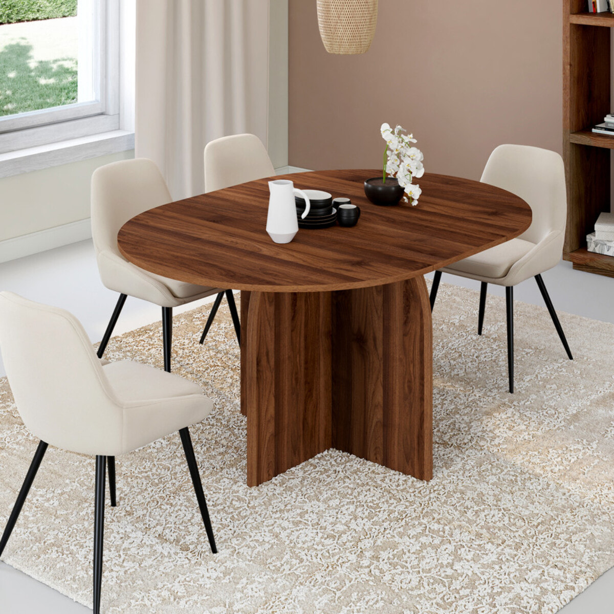 Table à manger ronde extensible Japandi effet noyer Ø110-150cm