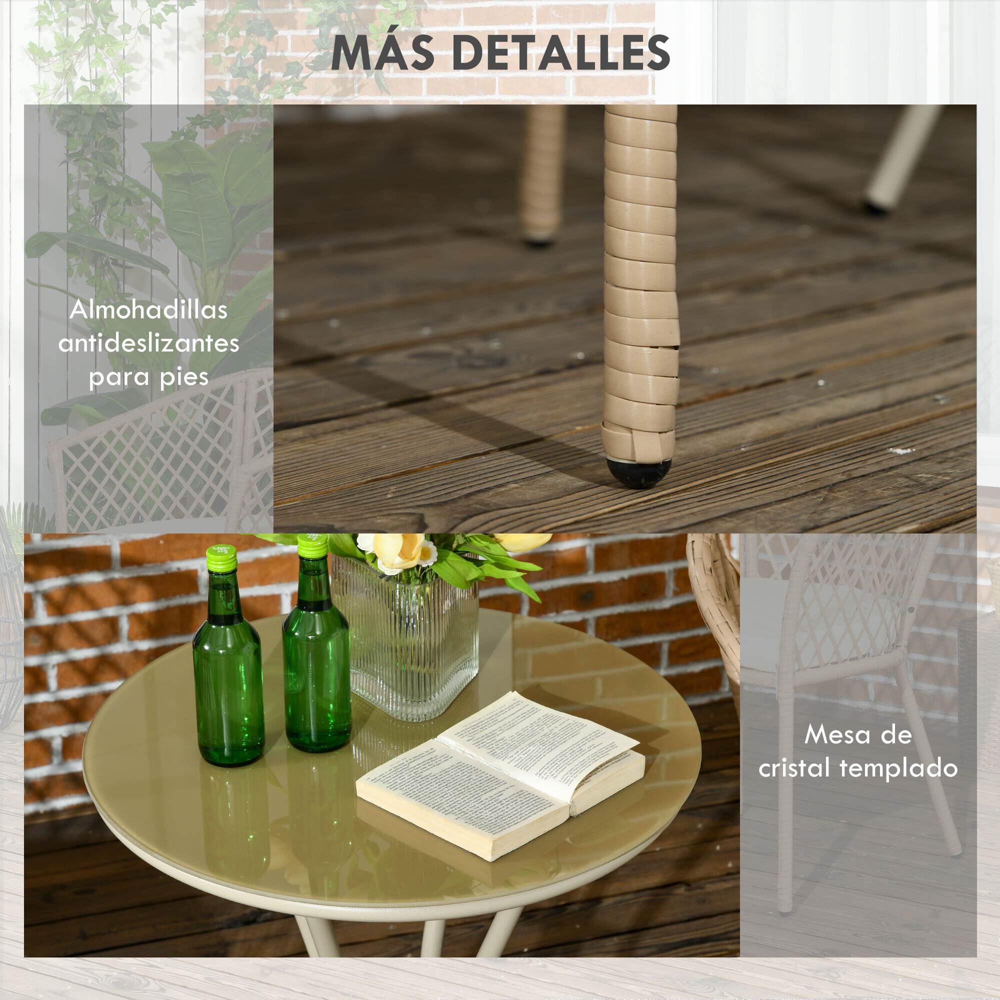 Conjunto de Mesa y 2 Sillas de Jardín Juego de 3 Piezas Sillas y Mesa de Ratán con 2 Sillas y 1 Mesa de Centro Redondo para Terraza Césped Balcón Caqui