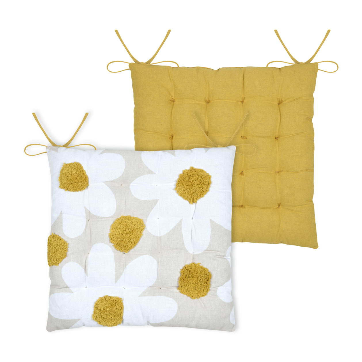 Galette de chaise en polycoton capitonnée à motif marguerites - Jaune moutarde