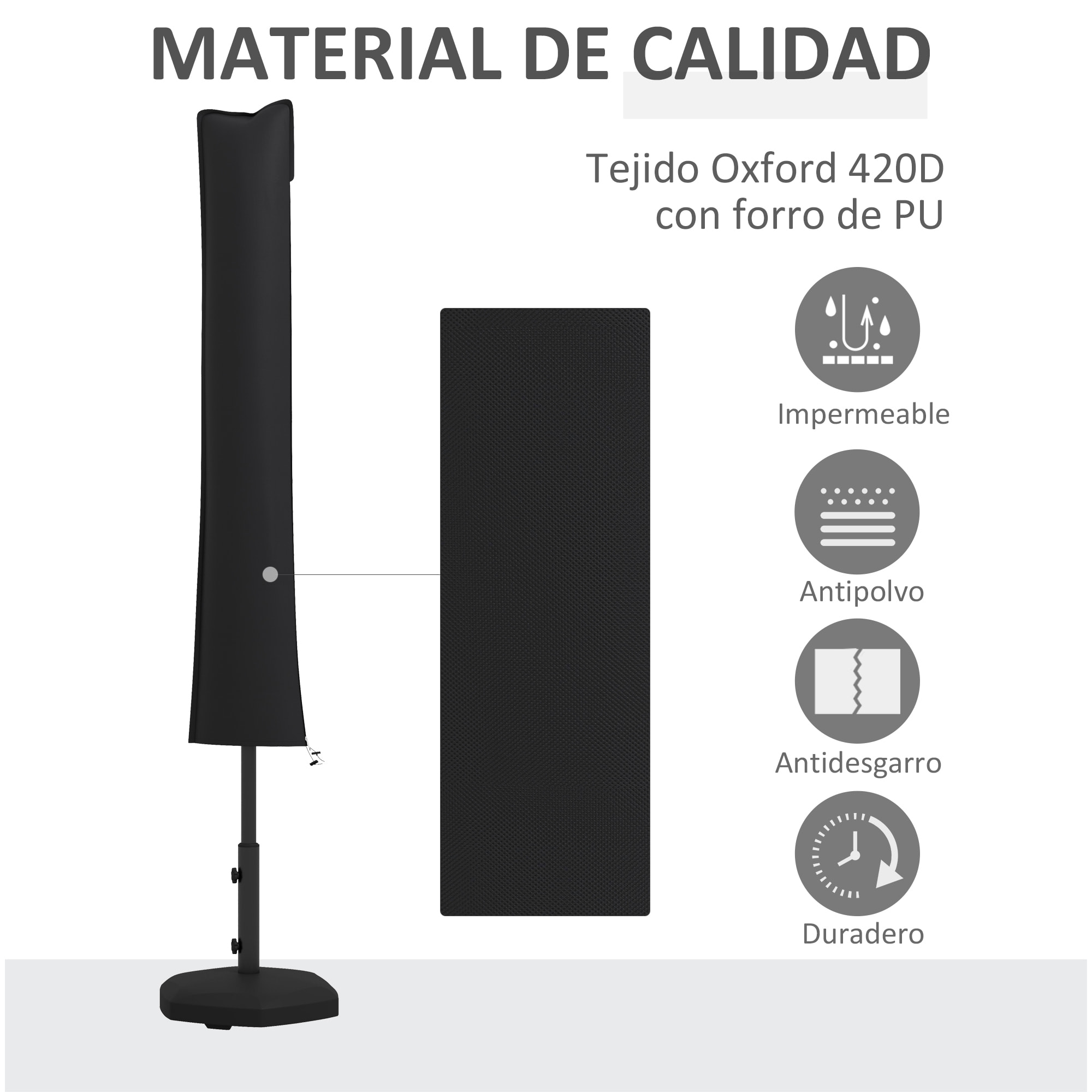 Funda para Sombrilla de Jardín Funda para Parasol Impermeable Tela Oxford 420D Cubierta de Parasol con Cremallera para Jardín Exterior 178x25/35 cm Negro