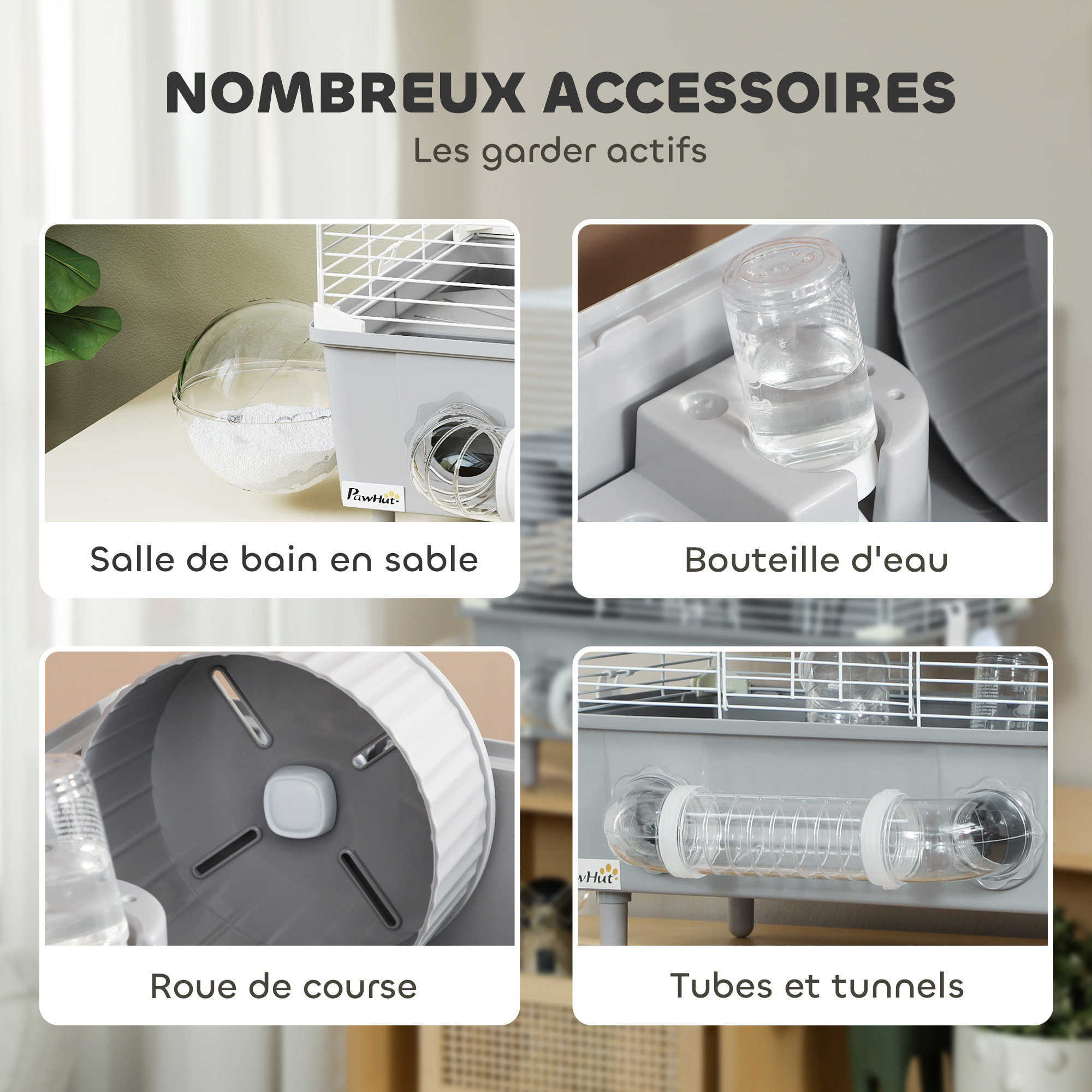 Cage pour hamster 2 niveaux roue sphère bac à sable tuyaux biberon eau dim. 44,5 x 28 x 44 cm blanc gris