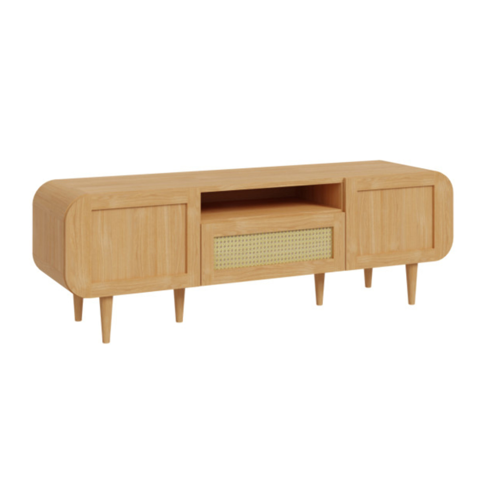 Meuble TV 160 cm 2 portes 1 tiroir rotin et décors chêne - BEVERLY
