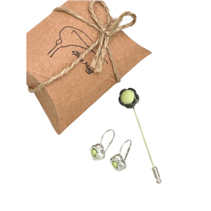 Conjunto broche alfiler verde claro y pendientes dormilona plata 10µ