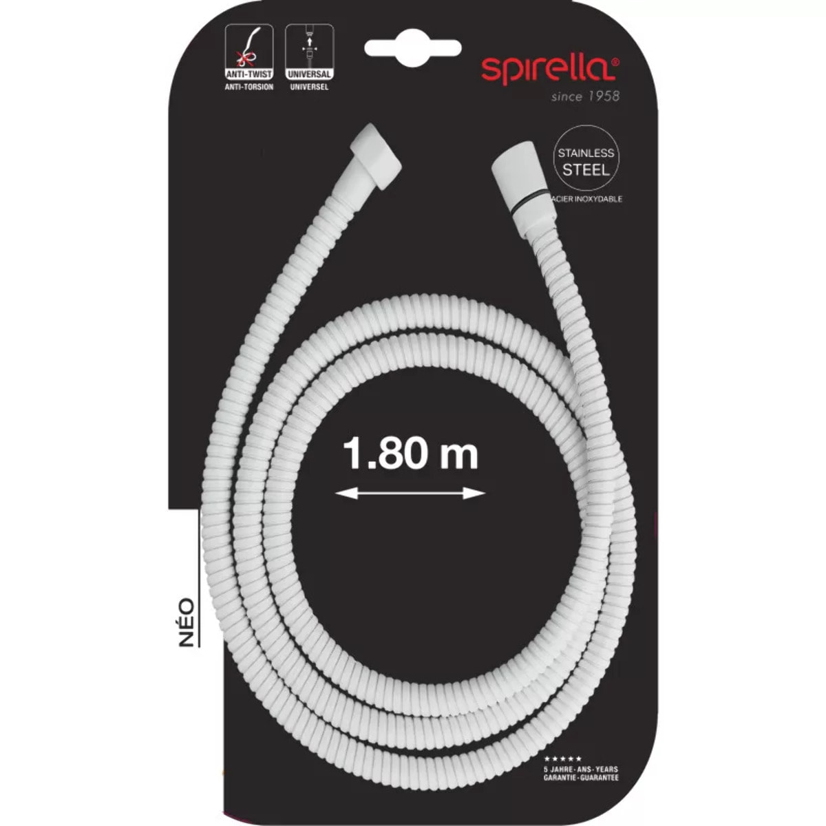 Flexible de douche inox NÉO 1,80 m – Anti-torsion – Connexion universelle F 1/2 – Certification ACS – Blanc Ø 14 mm