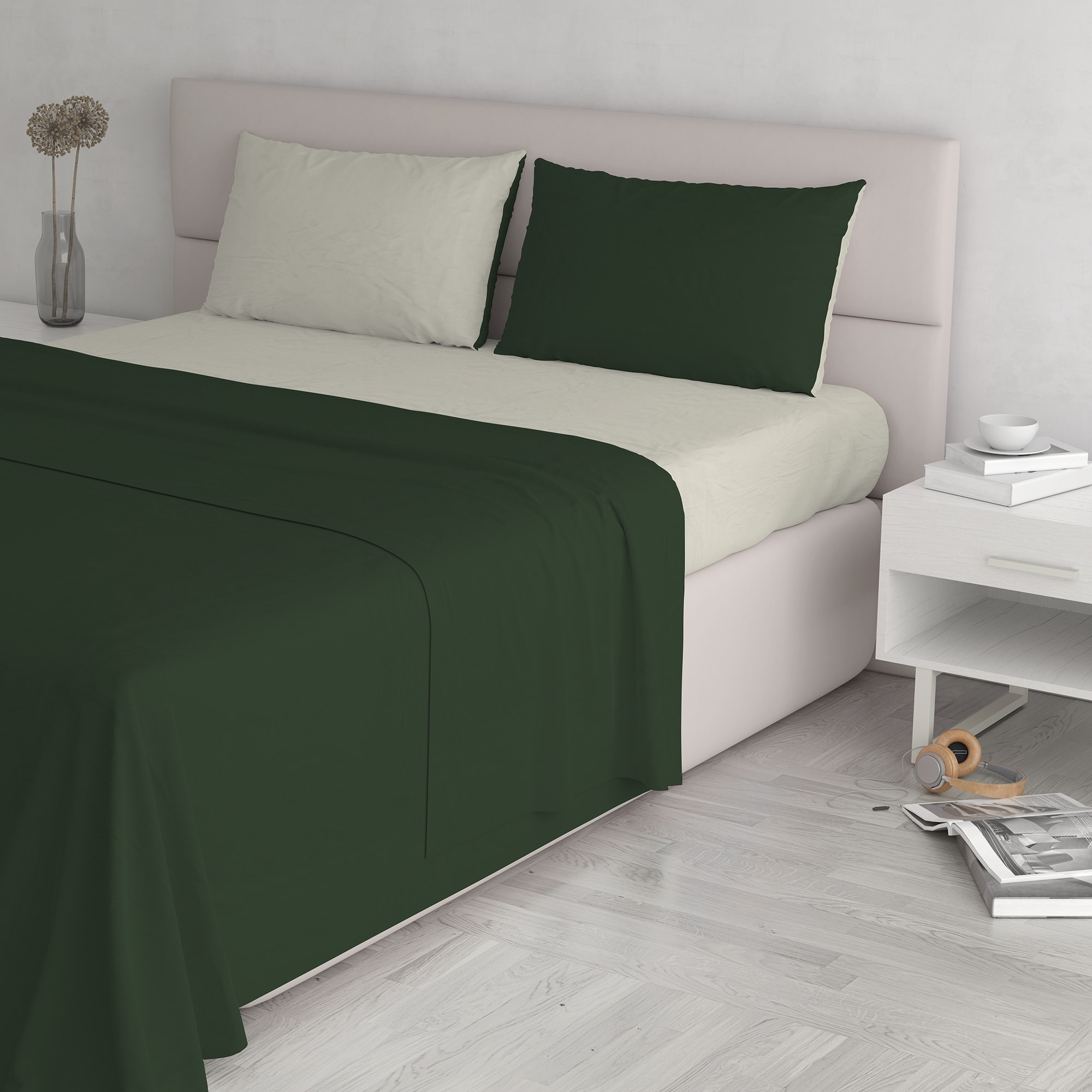 COMPLETO LETTO NATURAL COLOUR MADE IN ITALY COTONE - VERDE OLIVA/PANNA MATRIMONIALE