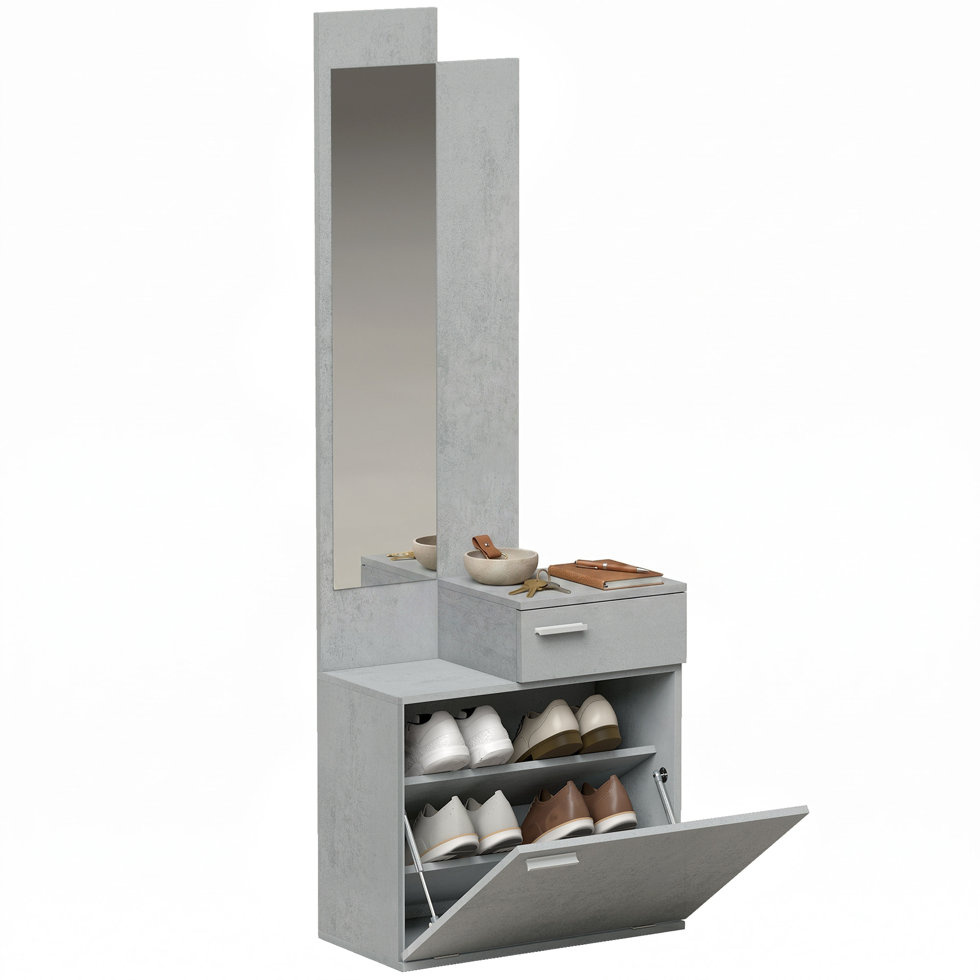 HOMCOM Recibidor de Entrada con Espejo y Zapatero Abatible, Mueble Recibidor de 2 Piezas con Asiento, Cajón, Mesa Pequeña para Pasillo, 61x30x170 cm, Gris