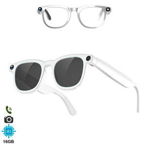 Gafas inteligentes CY01. Con cámara para fotos y videos de 8 MPX, traductor AI en tiempo real y control de música/llamadas. 16GB de memoria, lentes solares y transparentes.