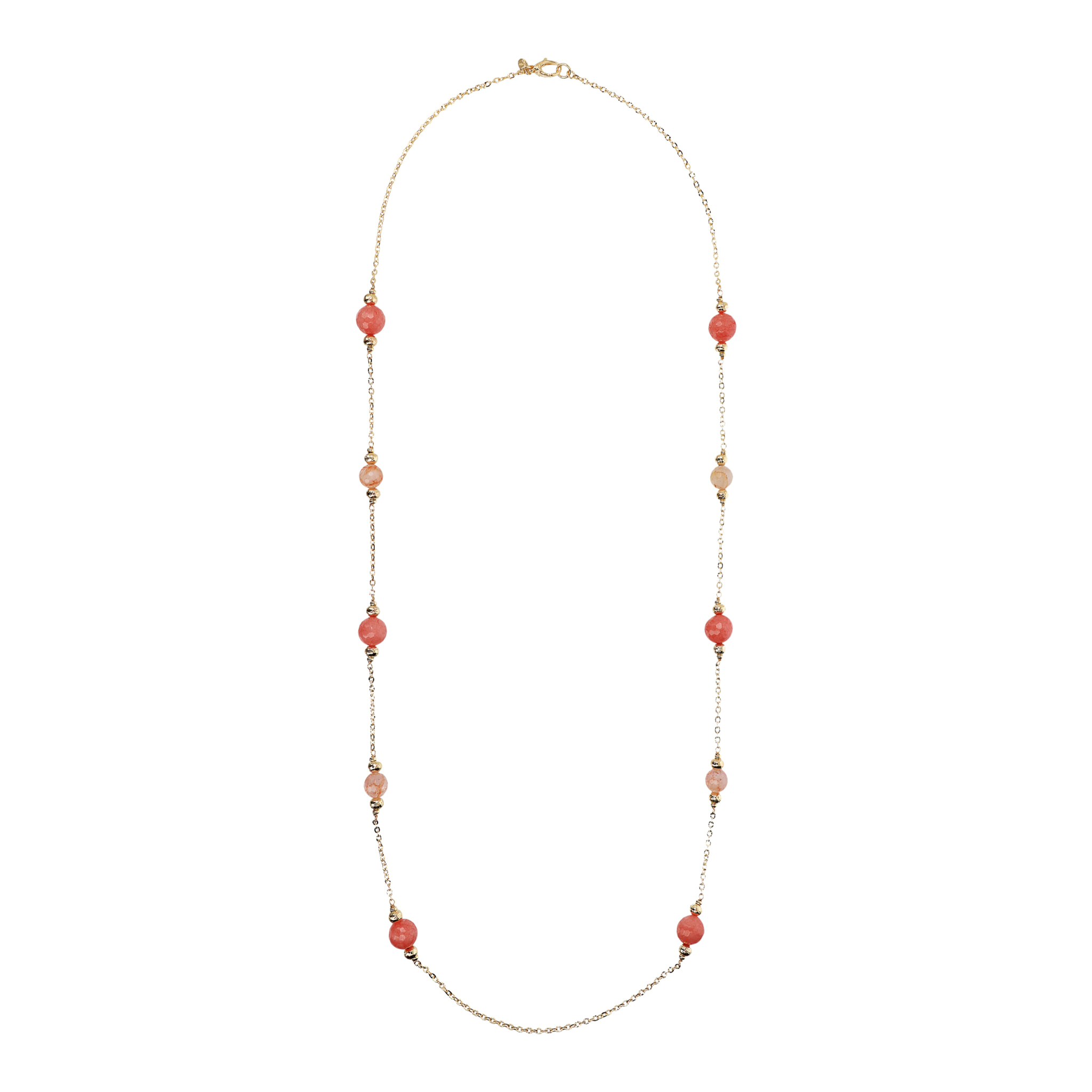 Collana Lunga Catena Rolo e Station di Sfere in Pietre Naturali Rosa