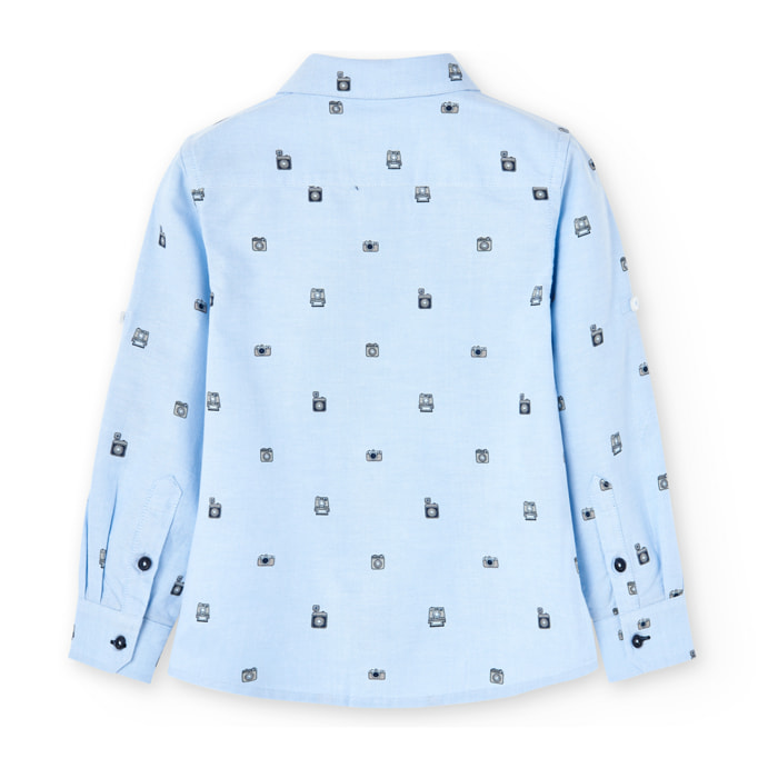 Camisa oxford estampada niÃ±o, cuello camisero, manga larga