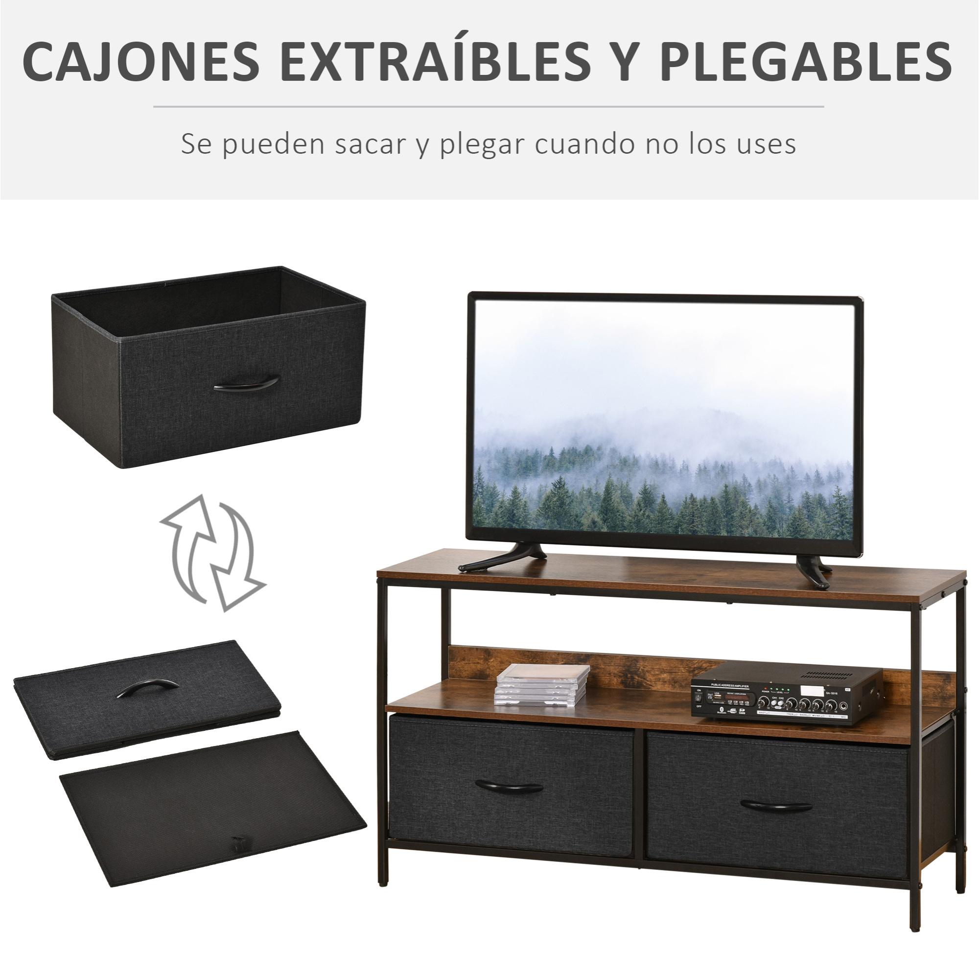 HOMCOM Mueble de TV de hasta 47'' Mesa de TV Estilo Industrial con Estante y 2 Cajones de Tela Plegables para Salón Dormitorio 98x29x56 cm Marrón Rústico y Negro