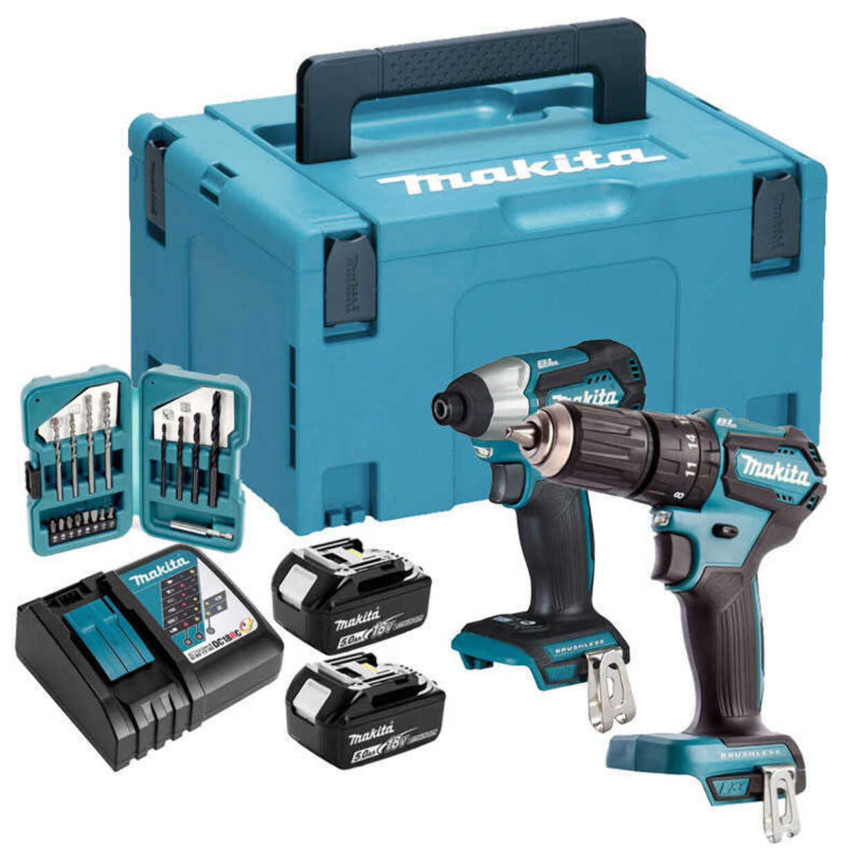 Ensemble de 2 machines 18V Visseuse DTD155 + Perceuse DHP483 - MAKITA - avec 2 batteries 18V 5.0Ah, chargeur - MakPak - DLX2221TJ2