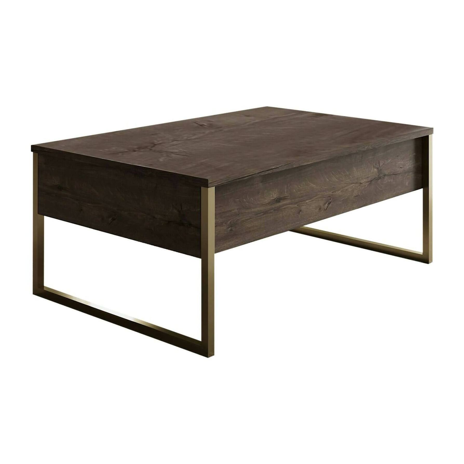 Tavolino da salotto Lavinia, Tavolo basso da caffè, Portariviste per divano, Ripiano da soggiorno, 90x60h40 cm, Noce e Oro