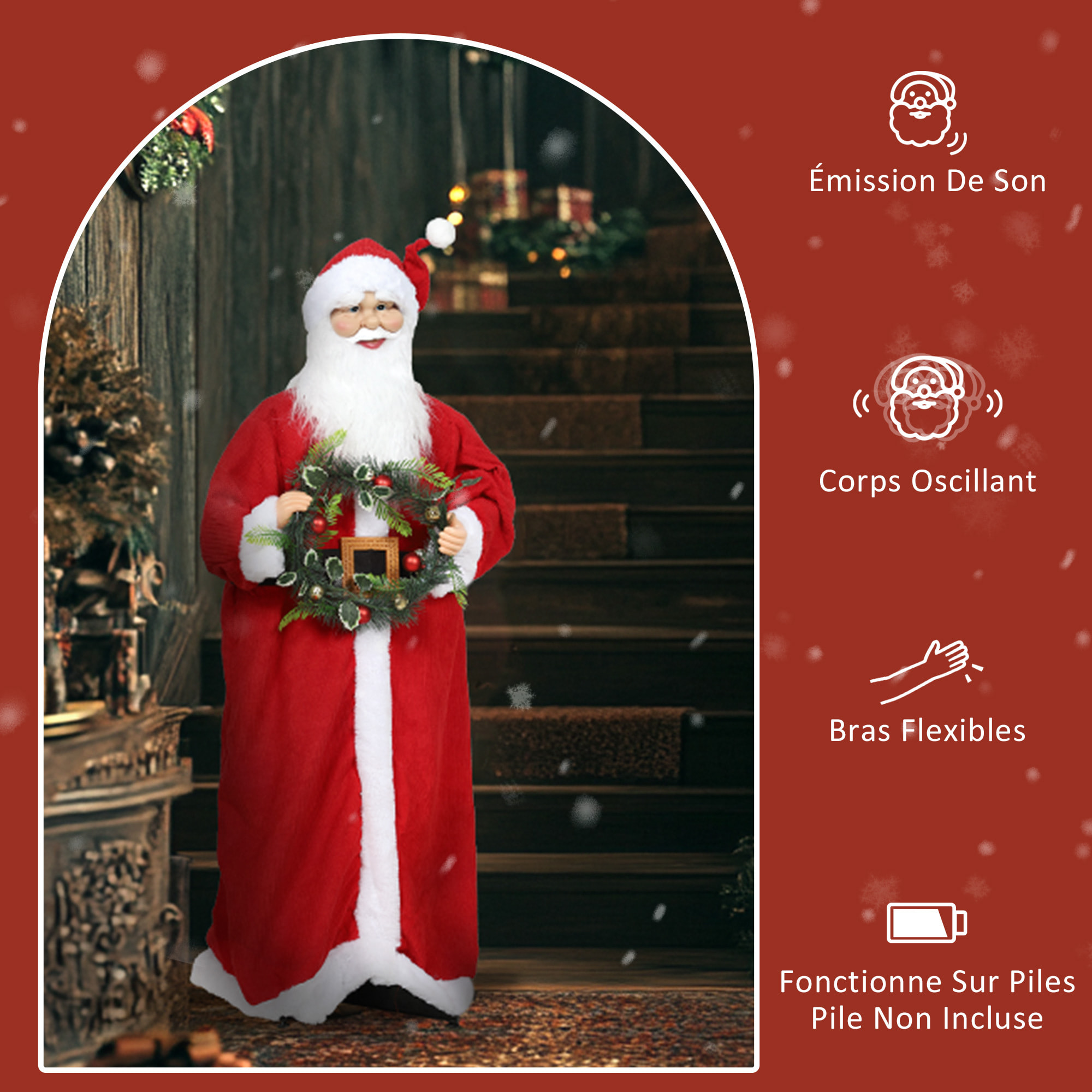 Figurine de Père Noël, debout de Père Noël rouge traditionnelle 110 cm, commande vocale, musique festive, bras pliables, pour les décorations d'intérieur et de fête
