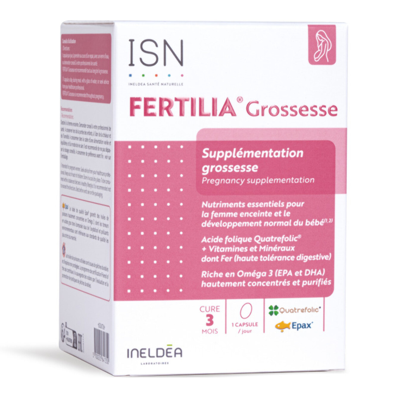 ISN - Fertilia Grossesse - Complément alimentaire à base de nutriments essentiels pour le bien-être de la femme enceinte & le développement de bébé - Riche en Omega 3 - Cure 3 mois