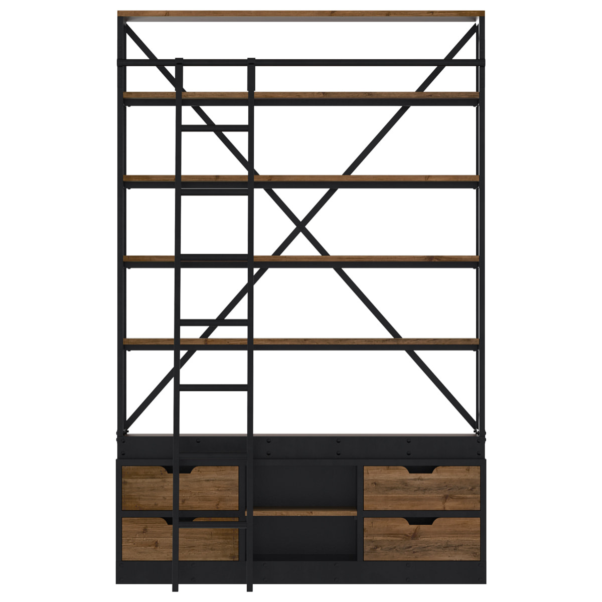 Bibliothèque 160 cm en bois et métal avec échelle, 4 tiroirs - Kasi