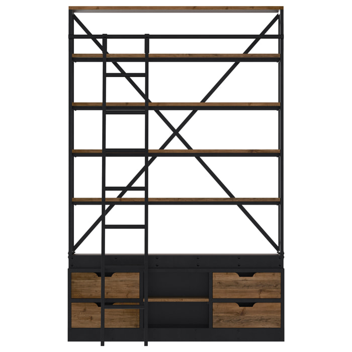 Bibliothèque 160 cm en bois et métal avec échelle, 4 tiroirs - Kasi