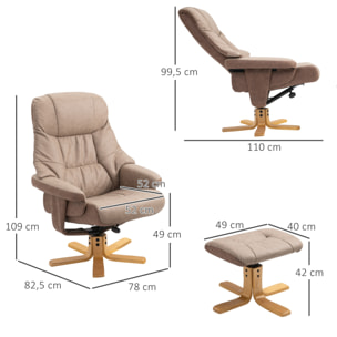 Fauteuil relax style contemporain - dossier inclinable, repose-pied - piètement bois peuplier verni tissu technique taupe clair