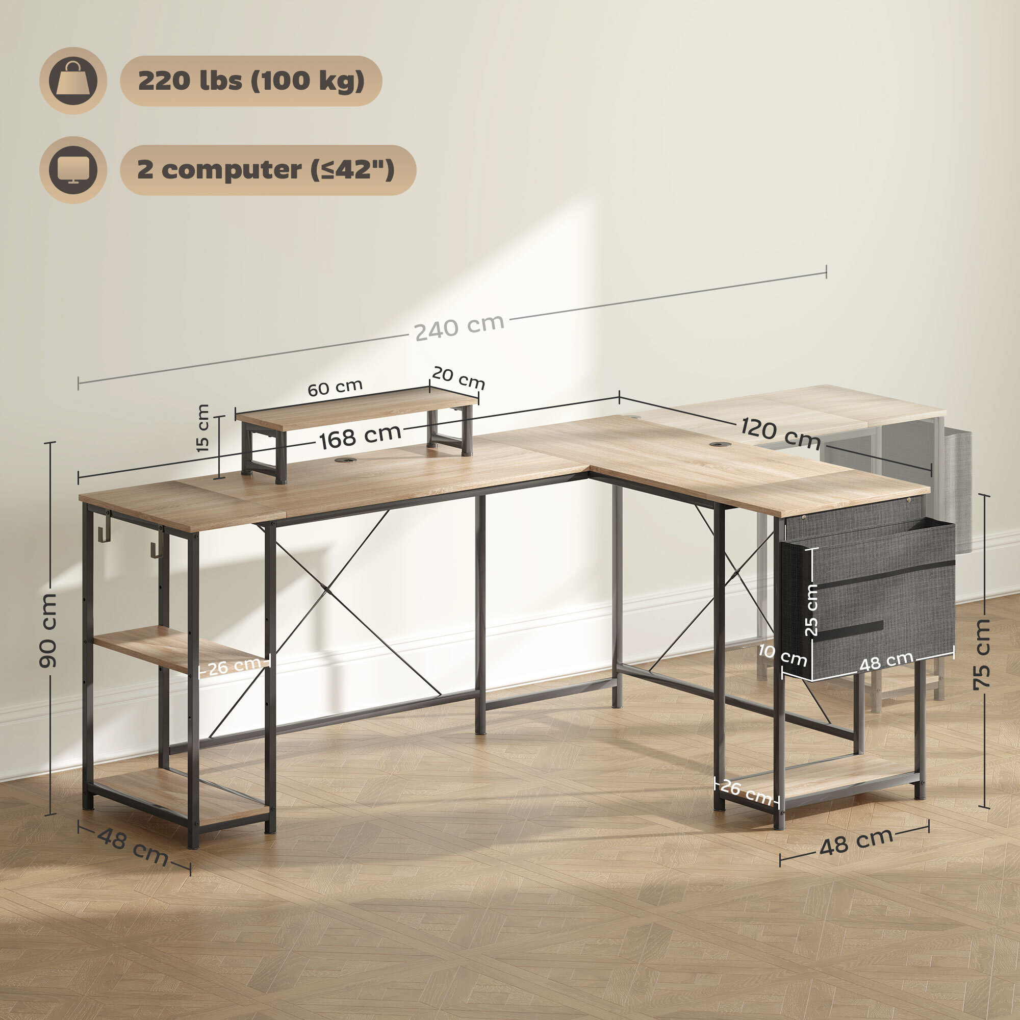 Escritorio Esquinero Reversible en L, Largo 168-240 cm, Mesa Escritorio de Ordenador Industrial con Soporte Monitor y CPU, Estantería, Bolsillo Lateral, Ganchos, Estante Ajustable, Natural