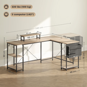 Escritorio Esquinero Reversible en L, Largo 168-240 cm, Mesa Escritorio de Ordenador Industrial con Soporte Monitor y CPU, Estantería, Bolsillo Lateral, Ganchos, Estante Ajustable, Natural