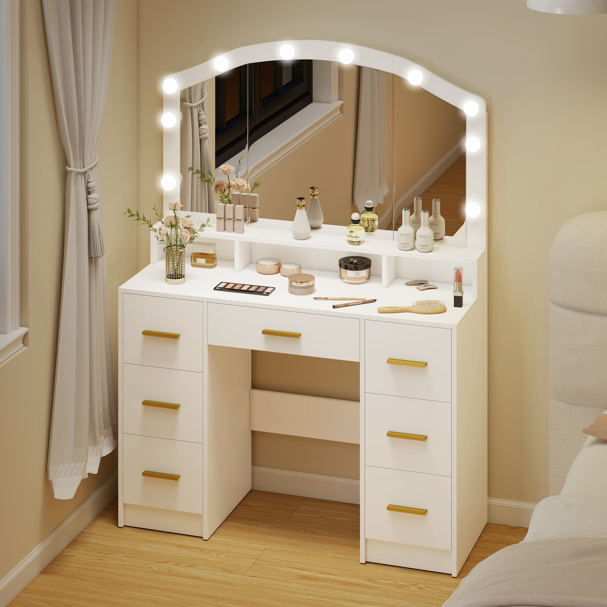 Tocador con 10 Luces LED de 3 Colores, Tocador de Maquillaje con Espejo, Mesa de Maquillaje con 7 Cajones, 3 Compartimentos, Moderno, para Dormitorio, Salón, Blanco