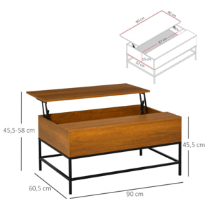 Mesa de Centro Elevable de MDF, Metal 90x60,5x45,5 cm Teca