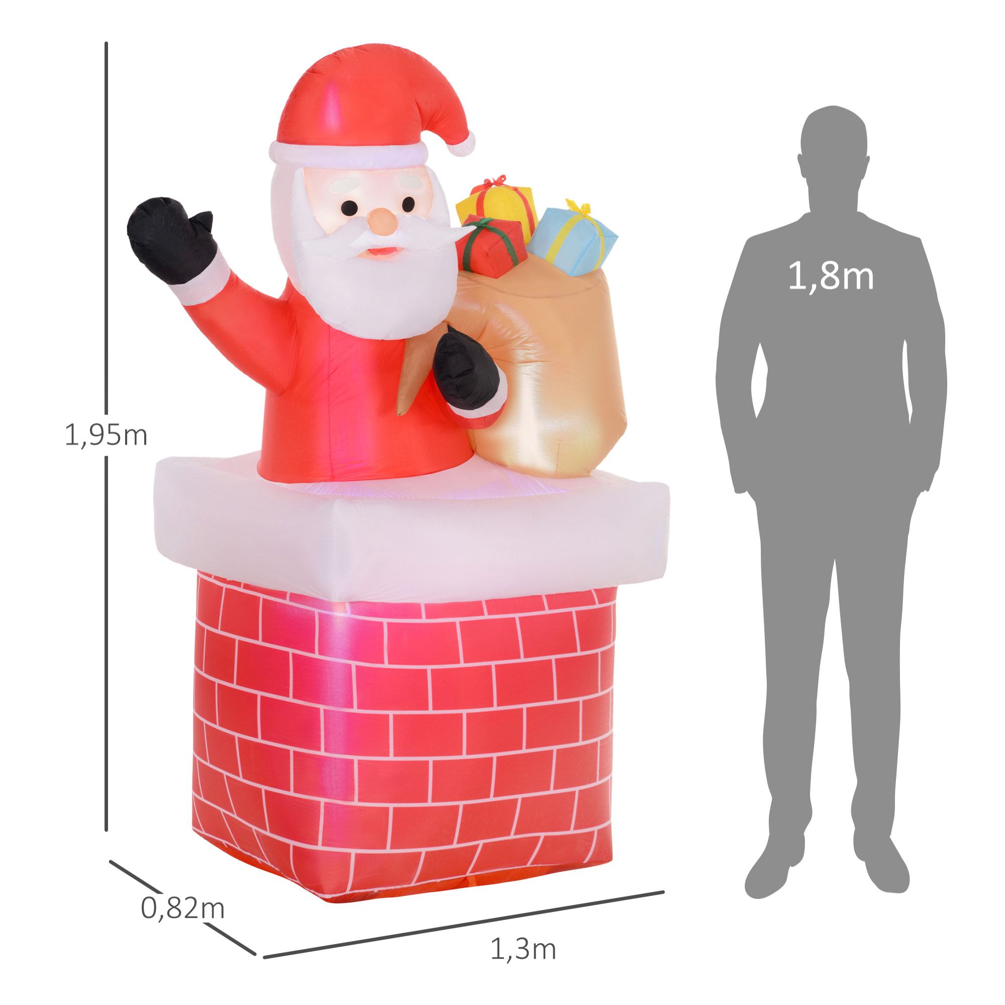 Outsunny Papá Noel Inflable con Bolsa de Regalos Saliendo de una Chimenea Decoración Inflable Navideña con Luces LED para Exterior Rojo