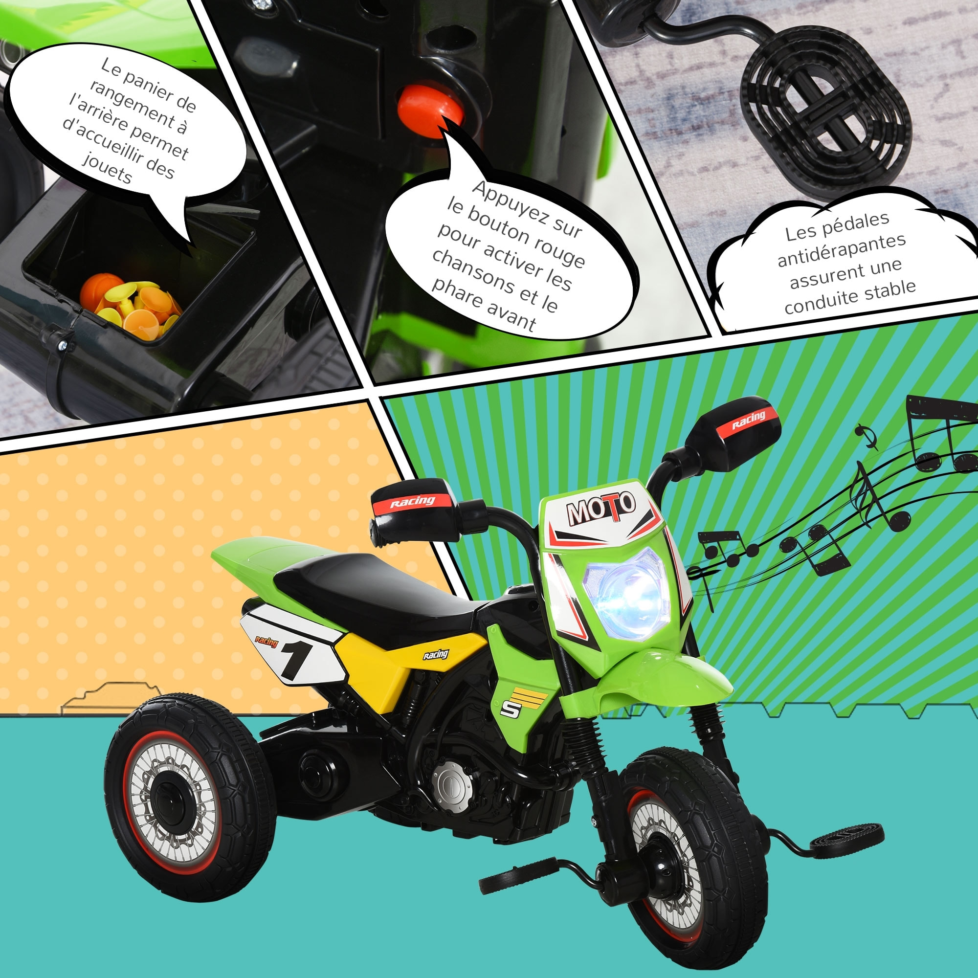 Tricycle enfants moto cross effets musicaux et lumineux coffre rangement