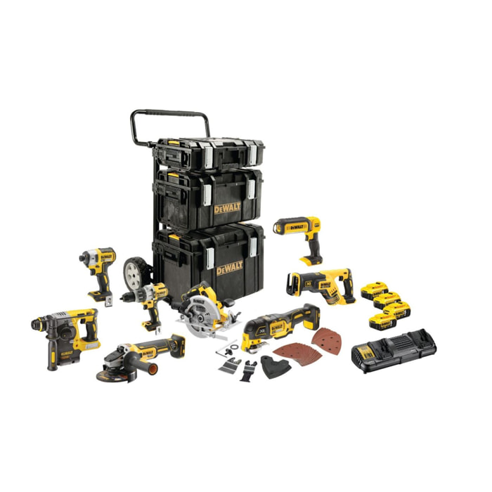 Kit premium 8 outils XR 18V : perceuse - visseuse percussion - visseuse à chocs - scie circulaire - Multi-cutter - Lampe - meuleuse - Perforateur SDS-Plus - scie sabre - DEWALT - avec 4 batteries 18V 5.0Ah - chargeur double - 3 coffrets -DCK853P4