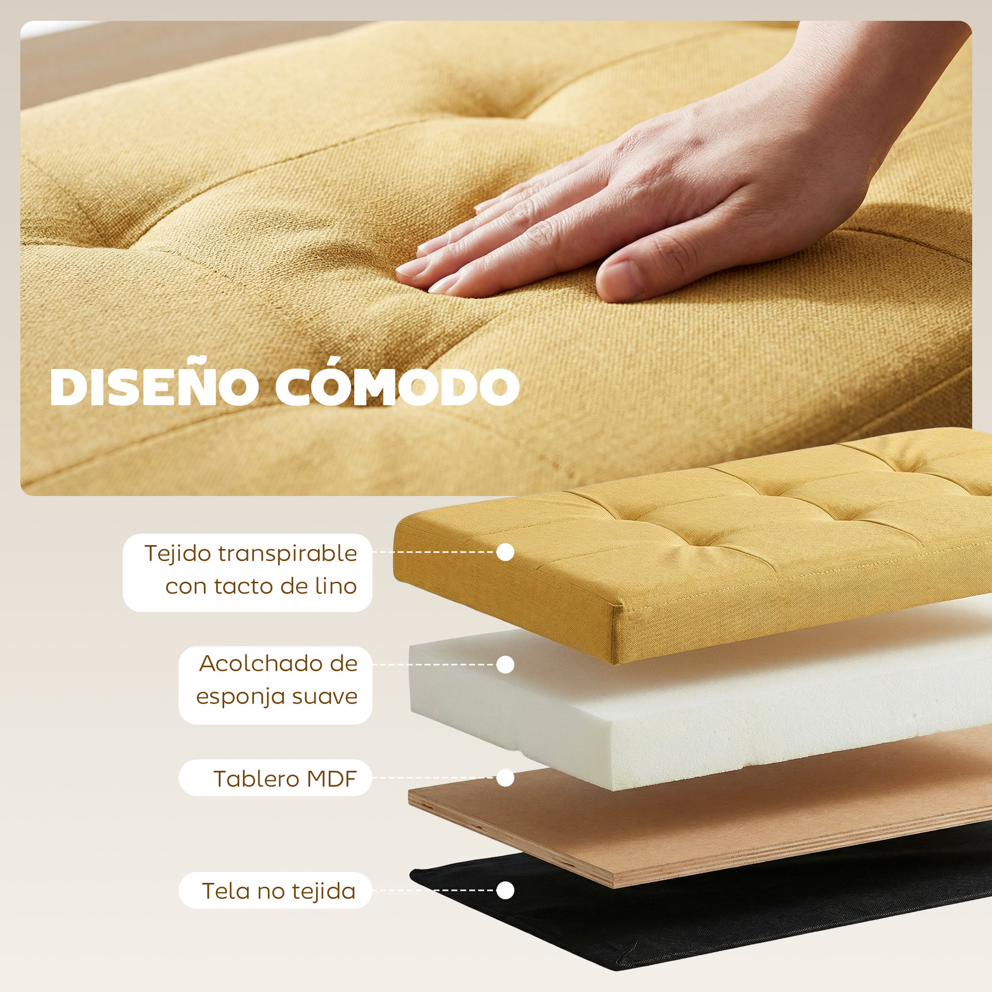 Puff Almacenaje, Banco Almacenaje Plegable, 84 L, 76x38x38 cm, Tapizado en Lino Sintético, Baúl de Almacenamiento, Carga 120 kg, Taburete para Sala de Estar, Dormitorio, Entrada, Amarillo