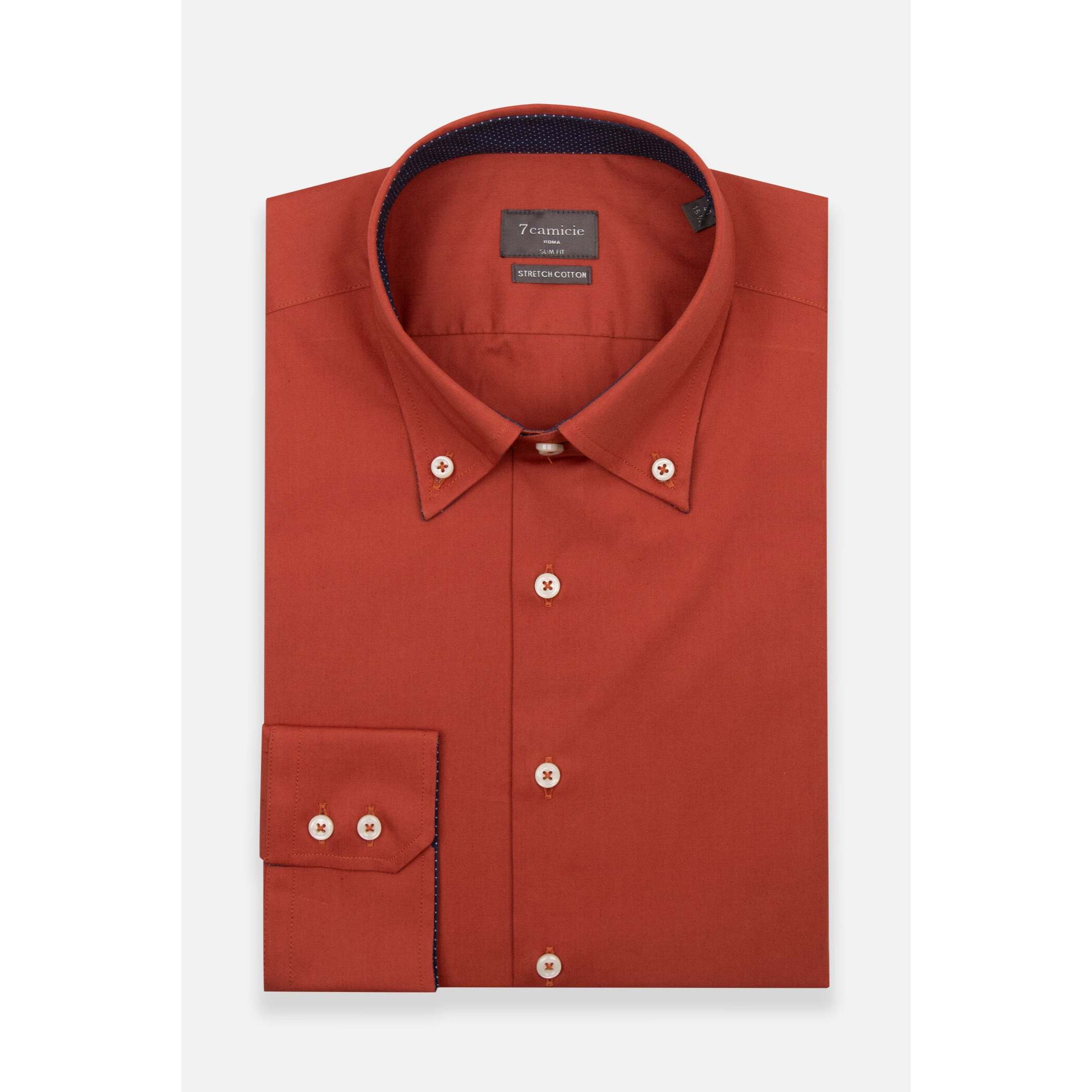 Camicia Uomo 2 Bottoni Button Down Slim Popeline Stretch Unito Rosso Mattone