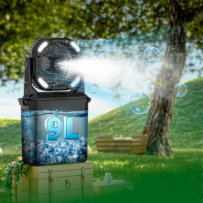 Ventilatore con 4 velocità, 4 modalità spray e luci RGB con modalità diverse, serbatoio da 9L, timer e telecomando. Include power bank 10.000mAh, 6W e vento max. 5,2 m/s.