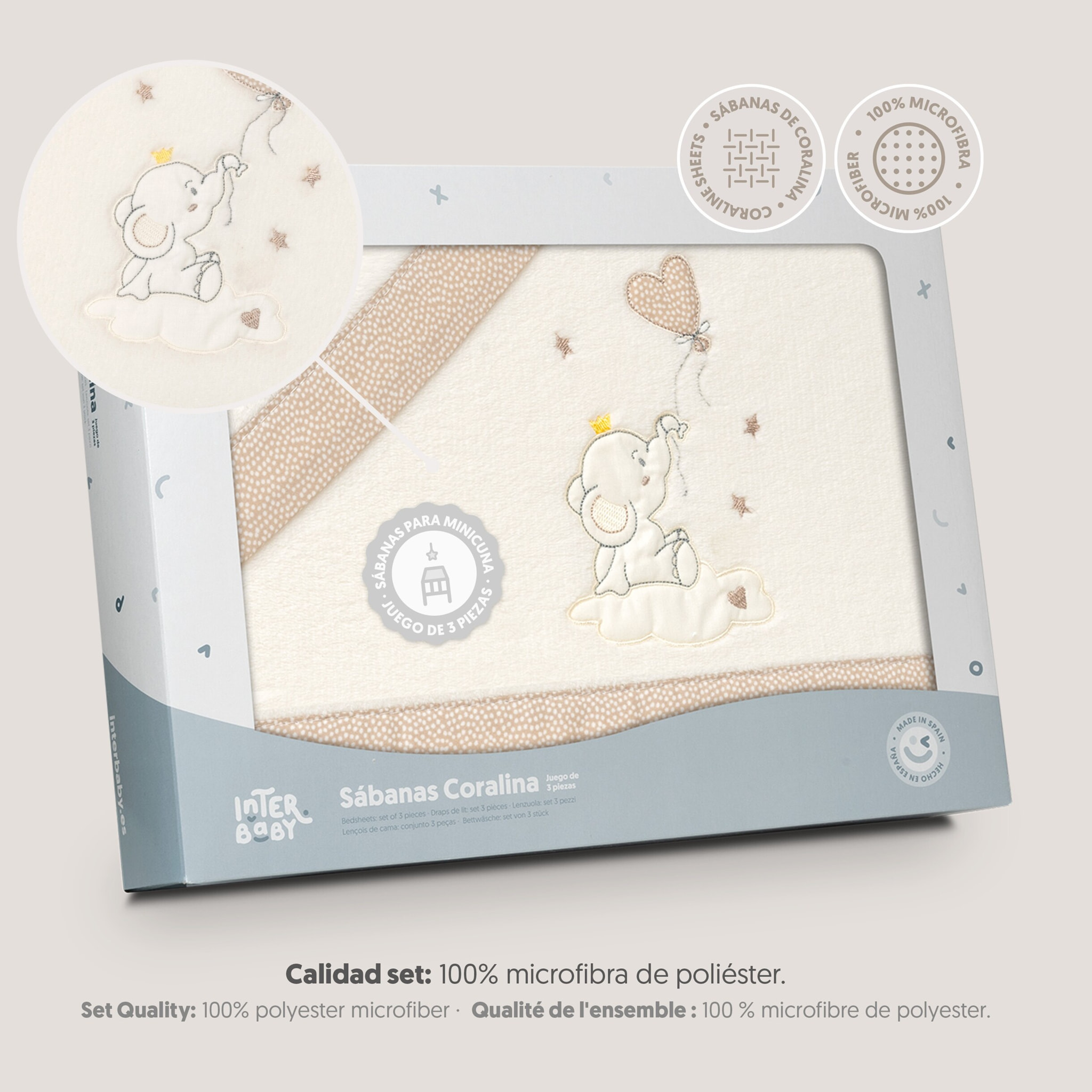 Juego de Sábanas de Minicuna Coralina Elefante Globo Corazón