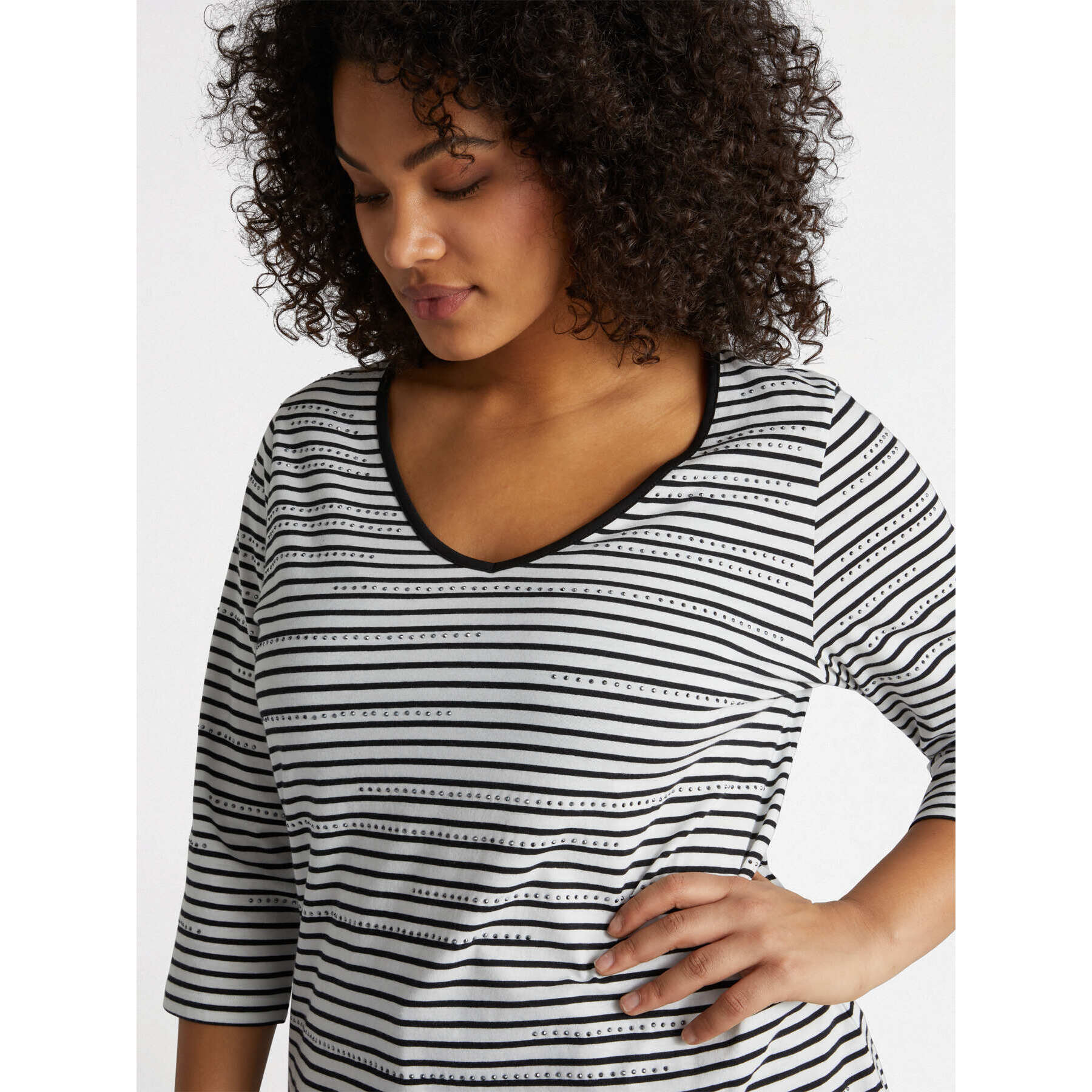 Fiorella Rubino - Camiseta de rayas con pedrería - Negro