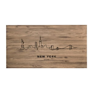 Tête de lit en bois massif imprimée motif New York Skyline en ton chêne foncé de différentes tailles