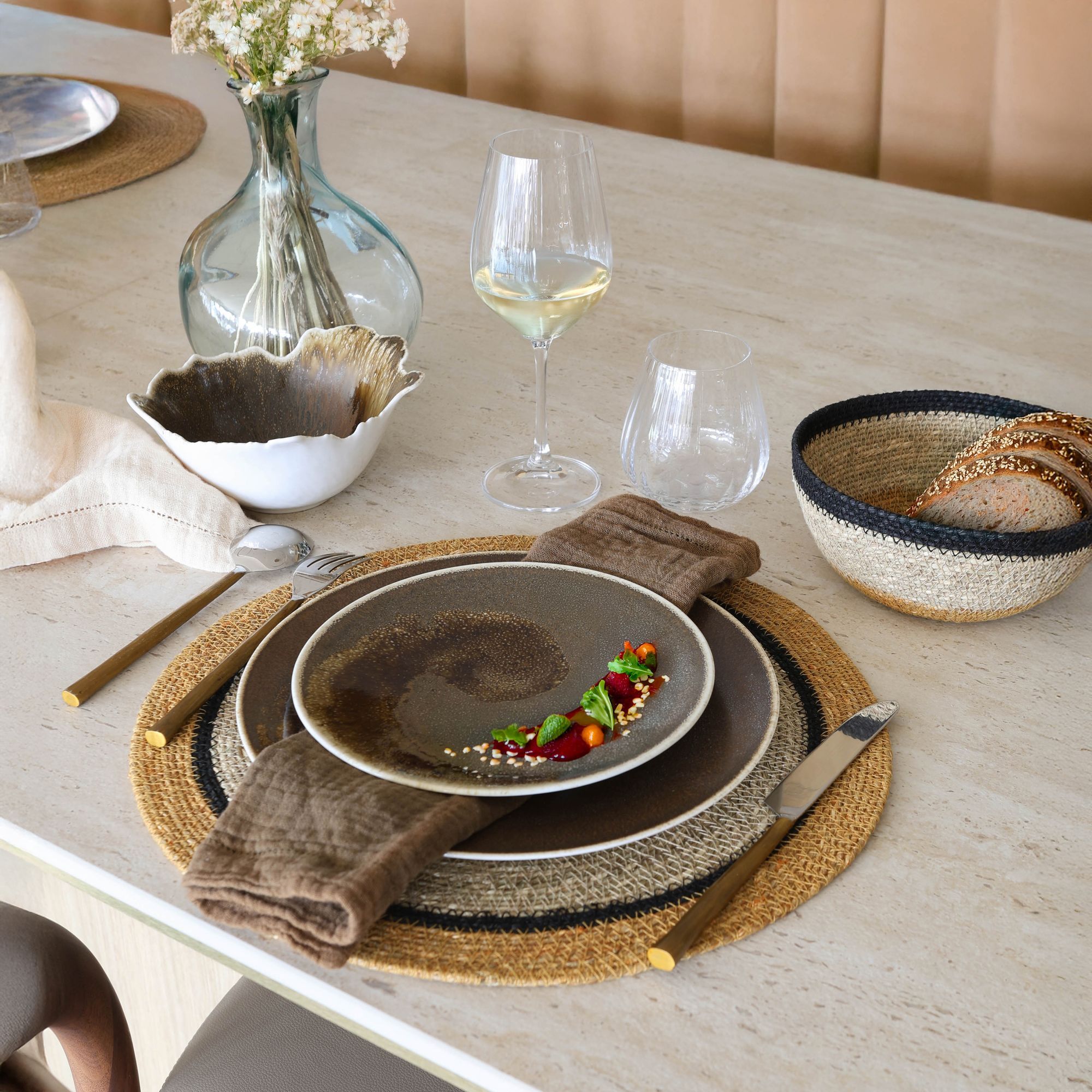 Lot de 6 sets de table en jonc de mer naturel et jaune d38cm IRIS