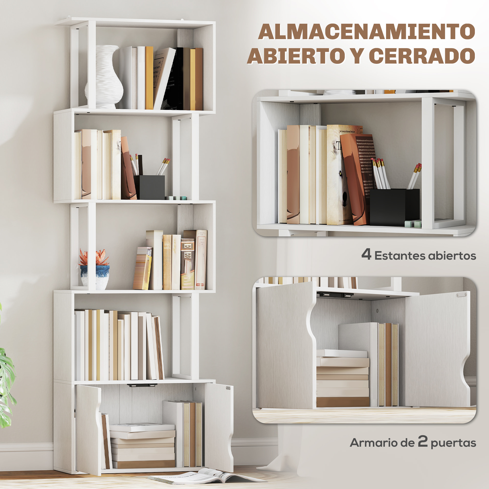 Librería de 5 Niveles en Forma de S Estantería de Libros con 5 Estantes y 2 Puertas para Sala de Estar Oficina Estudio Dormitorio 60x23,8x179,2 cm Blanco