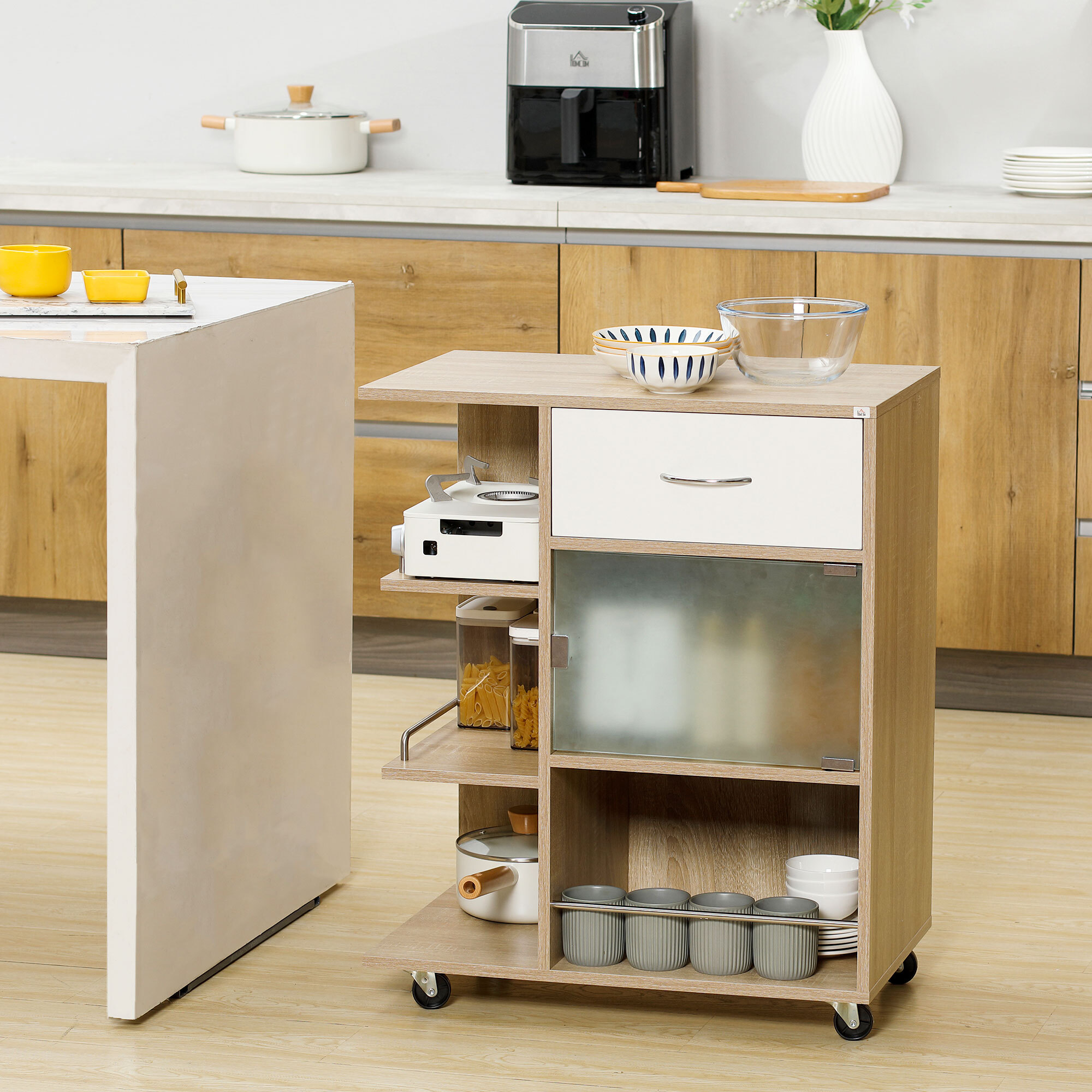 Desserte de cuisine style contemporain - 3 étagères, niche, porte verre, tiroir - effet bois naturel blanc