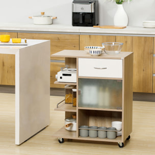 Desserte de cuisine style contemporain - 3 étagères, niche, porte verre, tiroir - effet bois naturel blanc
