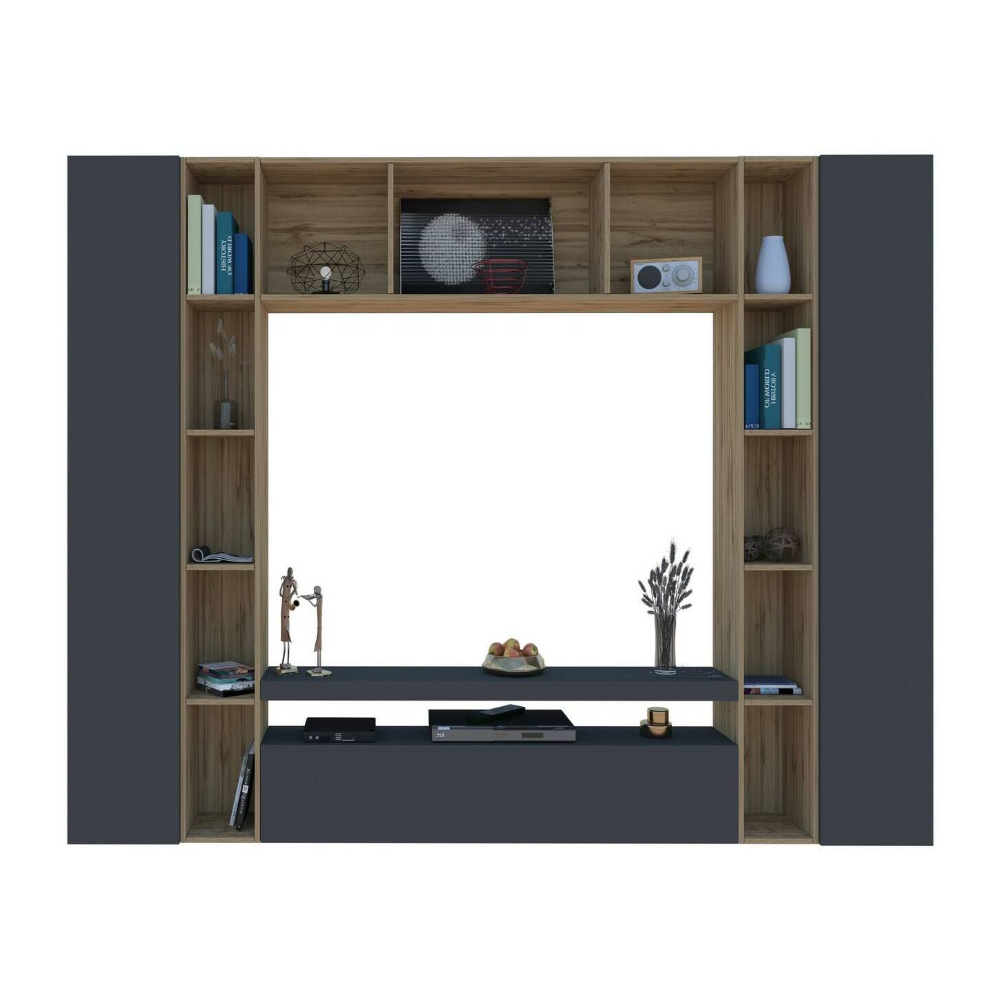 Parete attrezzata Gilberto, Set salotto porta TV a 3 ante, Mobile soggiorno multiuso, 100% Made in Italy, cm 270x35h210, Antracite e Rovere