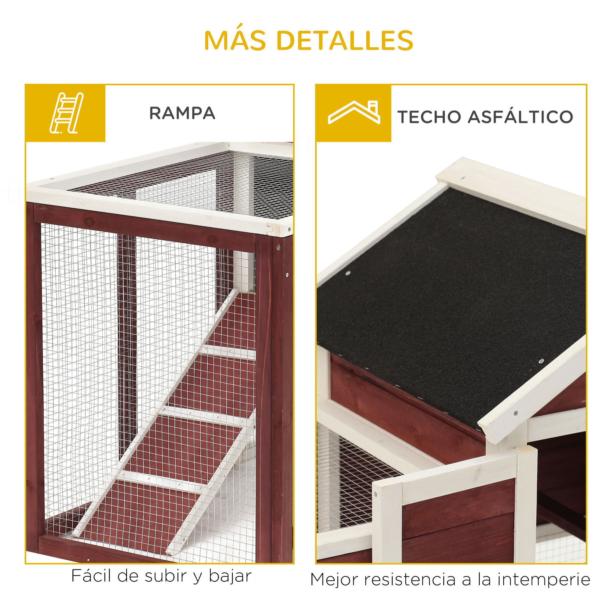 Conejera de Madera Exterior de 2 Niveles Jaula para Conejos Mascotas Pequeñas con Zona Abierta Techo Asfáltico Bandeja Extraíble y Rampa 122x62,6x92 cm Madera Rojiza