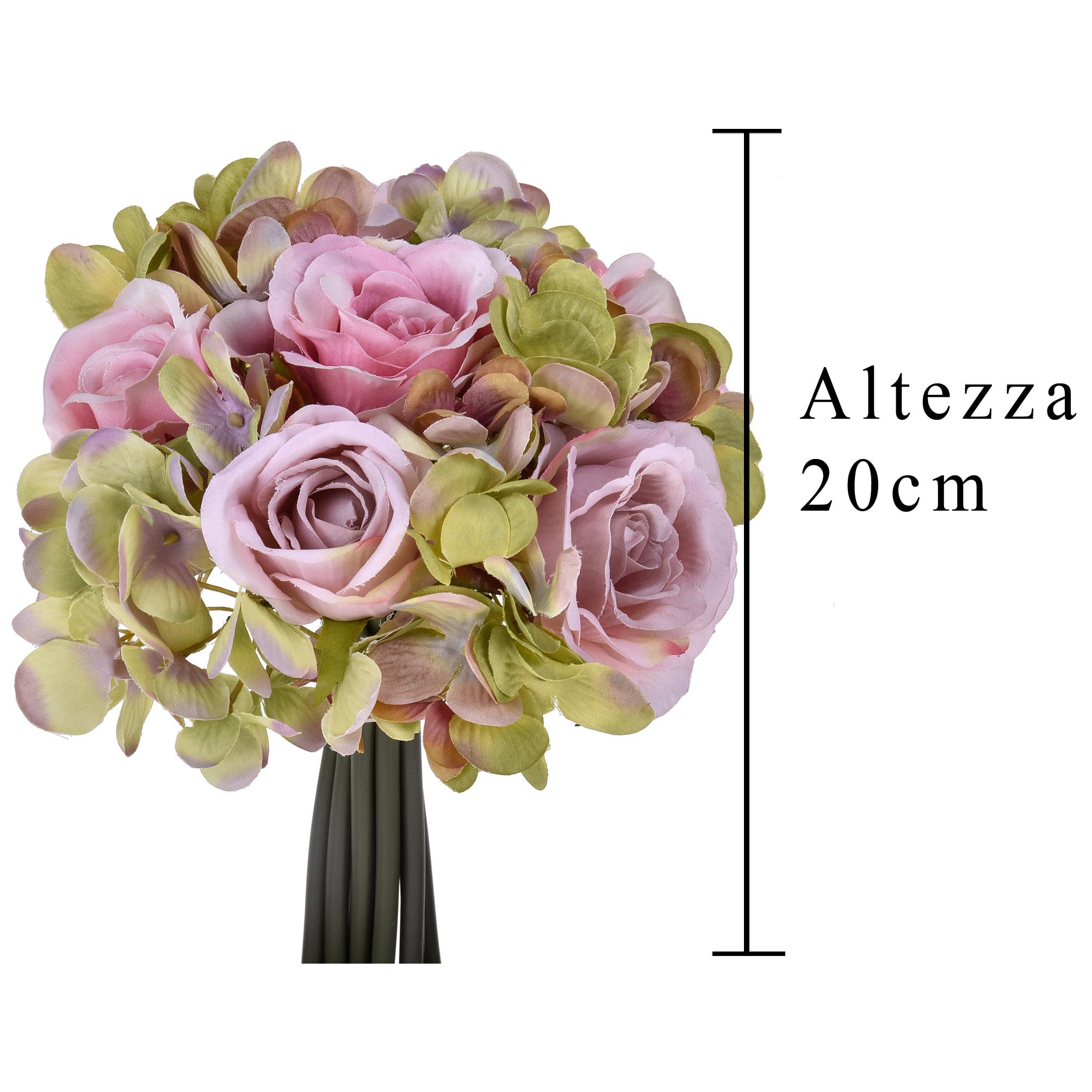 Bouquet Composto Da 11Fiori Di Rose E Ortensie . Altezza 20 Cm - Pezzi 4 - 18X20X5cm - Colore: Rosa - Bianchi Dino - Fiori Artificiali