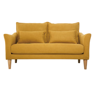 Canapé scandinave 2 places en tissu effet velours jaune moutarde et bois clair KATE