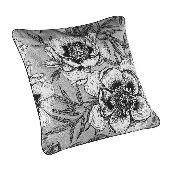 Coussin passepoilé aux impressions florales - Gris Perle