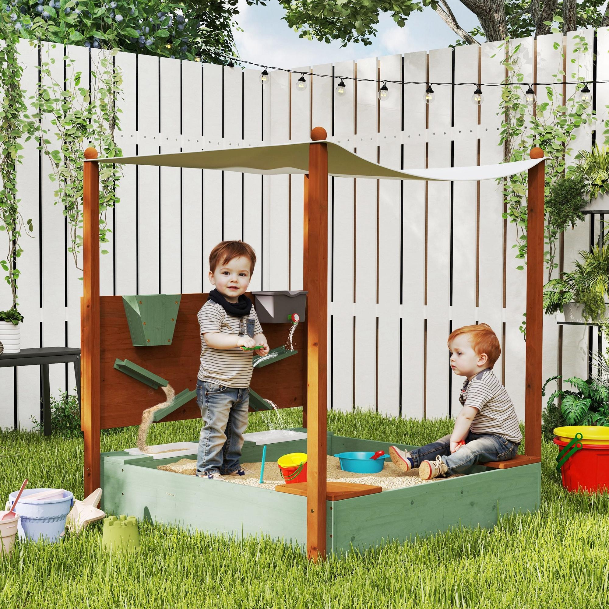 Arenero para Niños de Madera con Techo, Arenero Infantil con 2 Asientos, 2 Cajas, Grifo, Embudo, Caja de Arena para Niños de 3-6 Años, para Patio, Jardín, Balcón, 116x112,5x128 cm, Verde