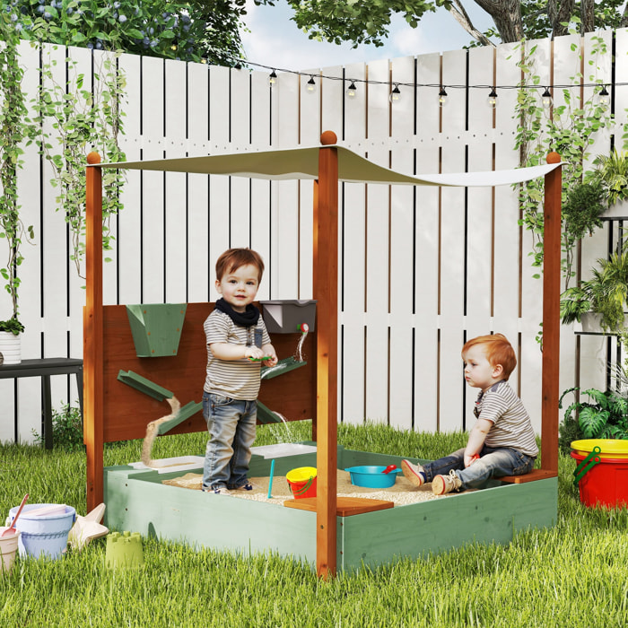 Arenero para Niños de Madera con Techo, Arenero Infantil con 2 Asientos, 2 Cajas, Grifo, Embudo, Caja de Arena para Niños de 3-6 Años, para Patio, Jardín, Balcón, 116x112,5x128 cm, Verde
