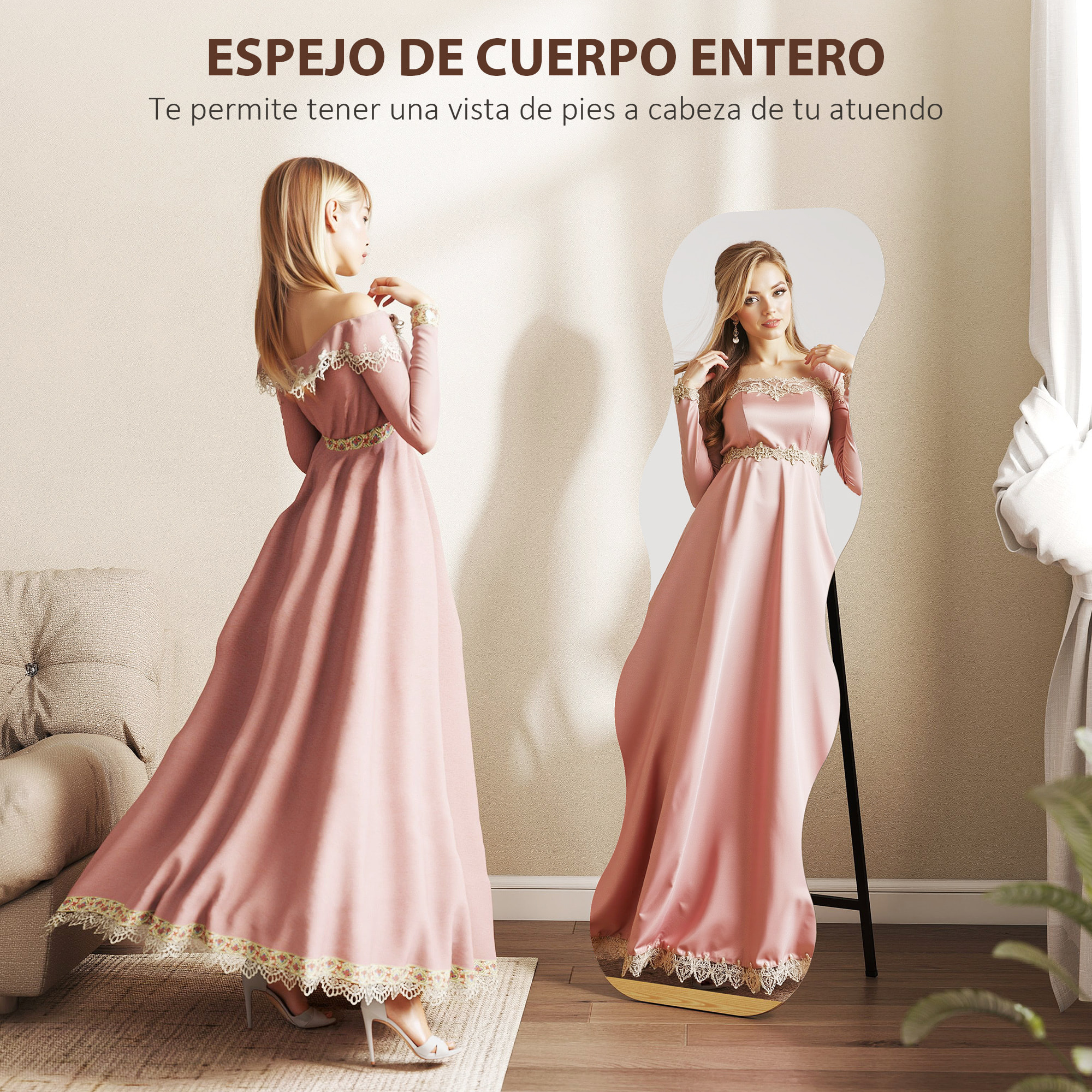 Espejo de Cuerpo Entero Ondulado 160x50 cm, Espejo de Pie o Apoyado en la Pared, sin Marco, Base de Madera, para Salón, Dormitorio, Pasillo, Entrada