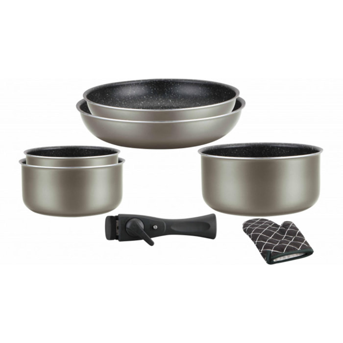 Batterie de cuisine revêtement pierre avec manche amovible 7 pièces carbonne Herzberg HG8053-CAR